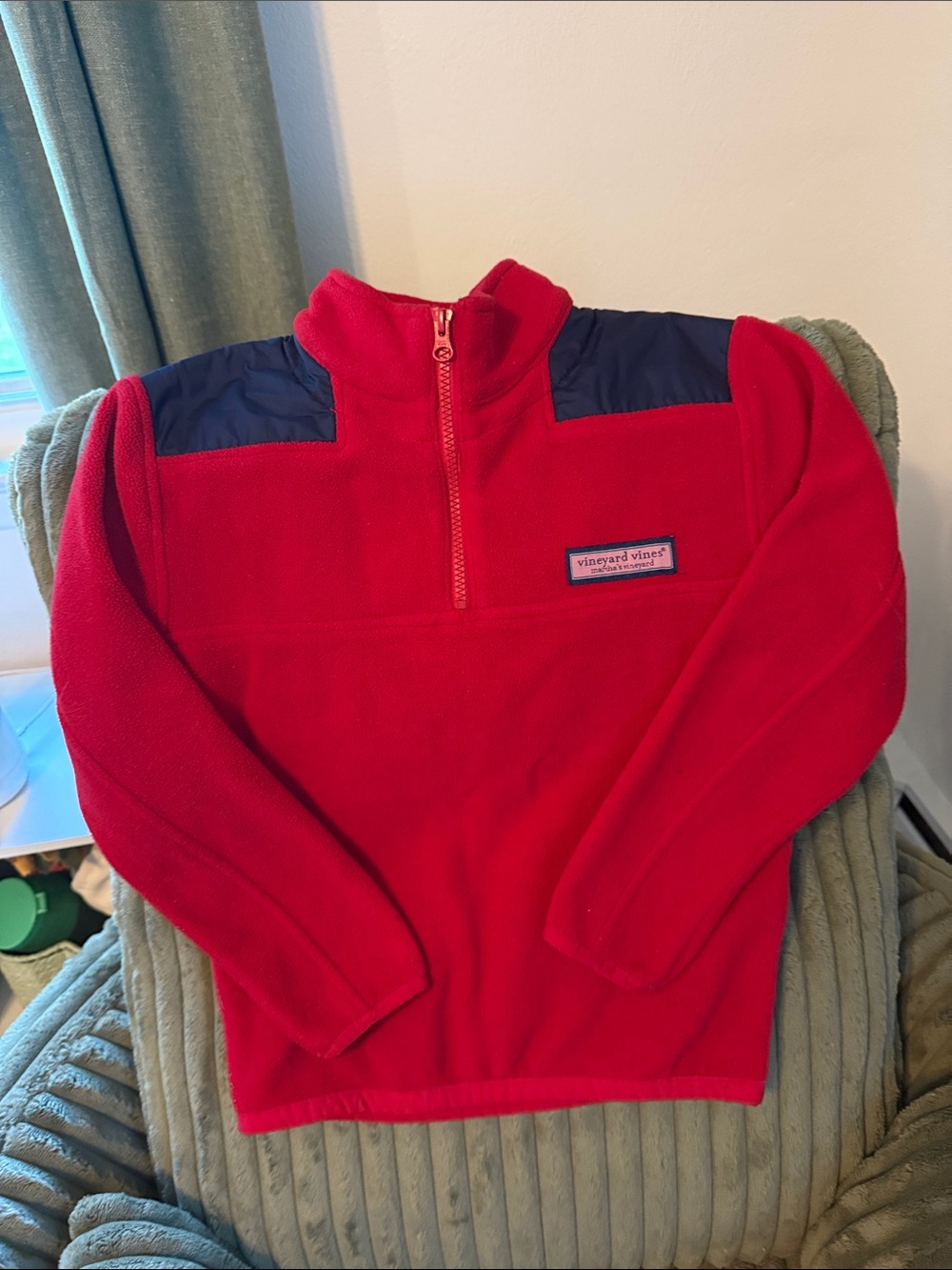 Vineyard Vines Kids Red Fleece Half-Zip with Navy Shoulder Panels